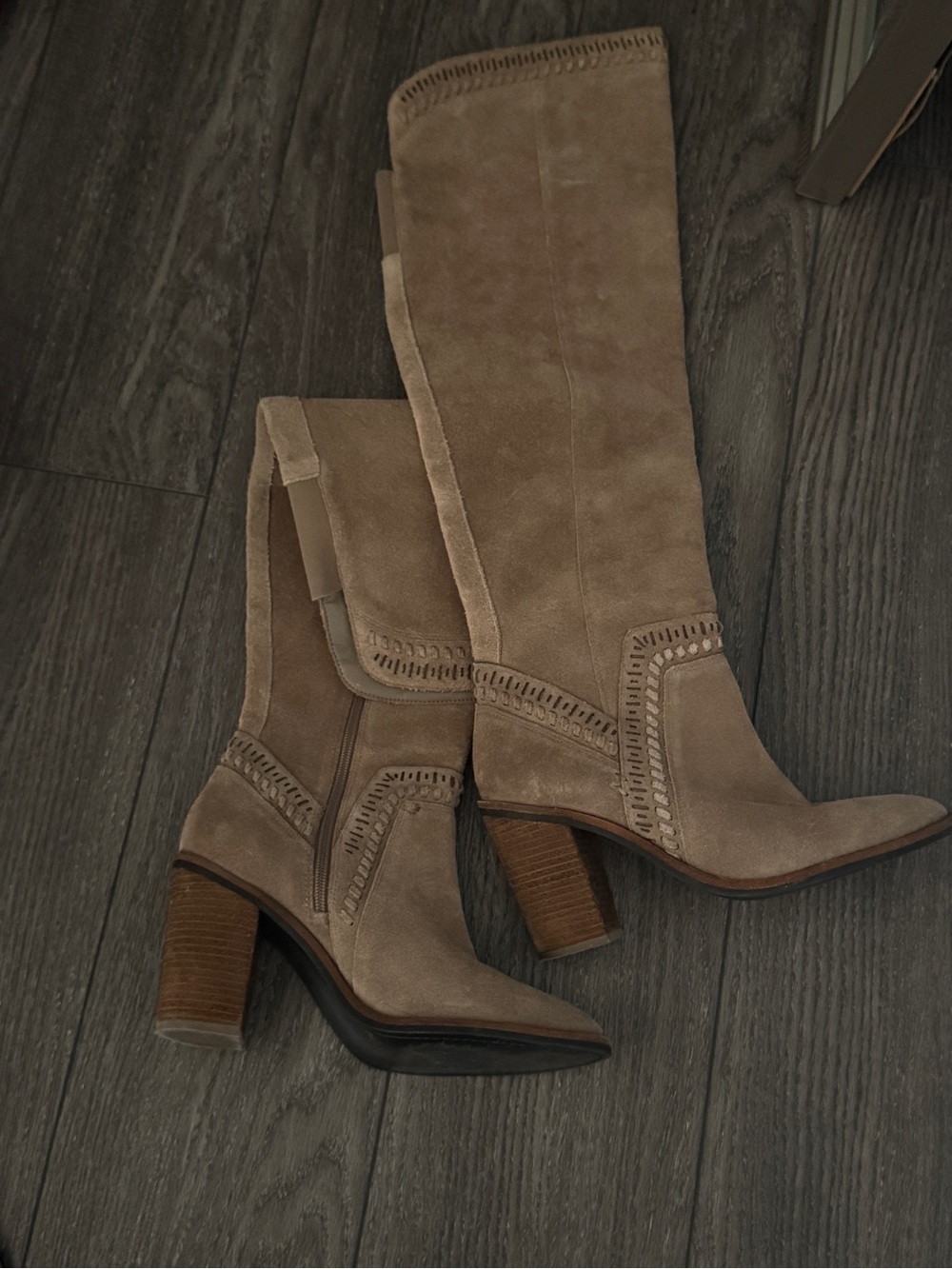 Tall Suede Heeled Boots in Taupe